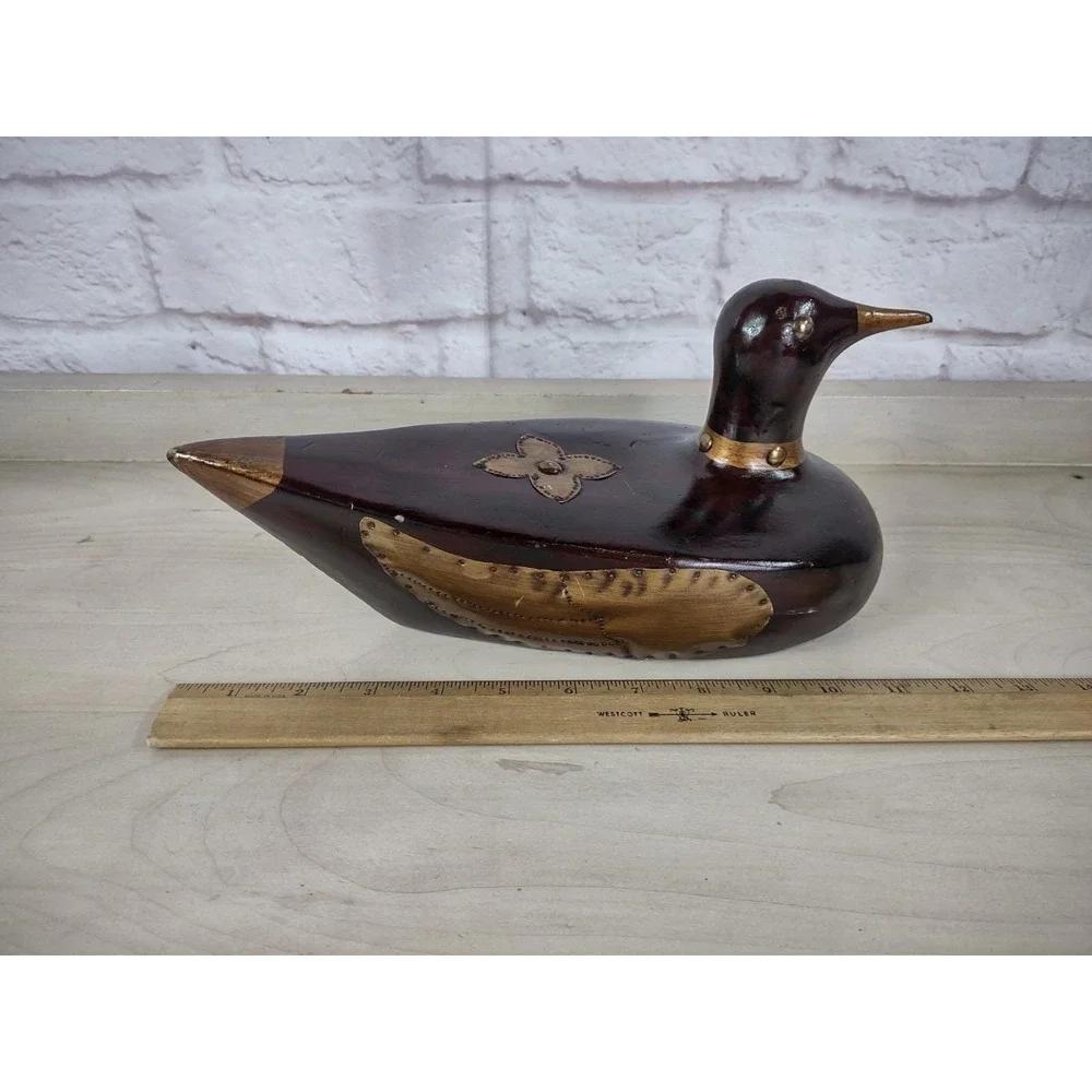 Wooden Folk Art Duck Decoy Wood Brass Country Decor 14 Inch Vtg Knicks SEE
